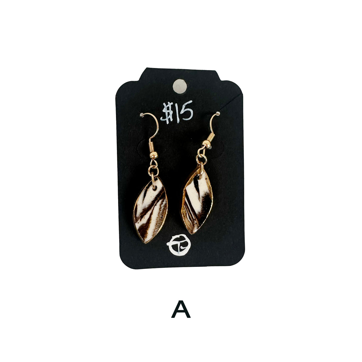 Black & White Marbled Ceramic Earrings Featuring Gold Accents- Multiple Shapes & Styles Available