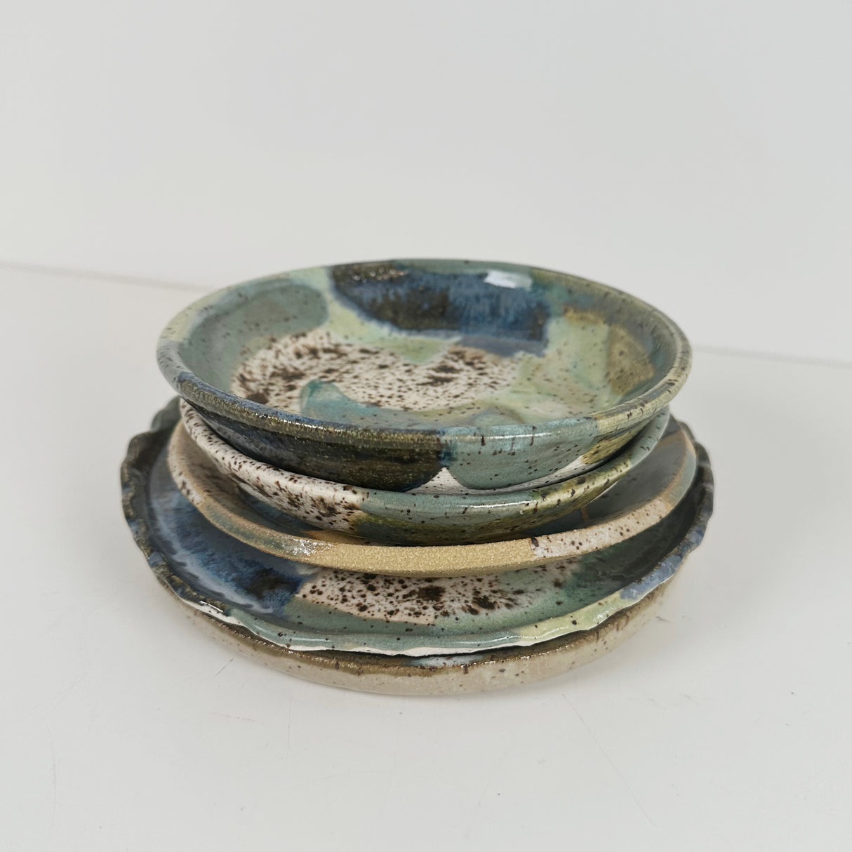 Winter Woods and Blue Green Speckled Stoneware Dishes | Madeleine Schmidt