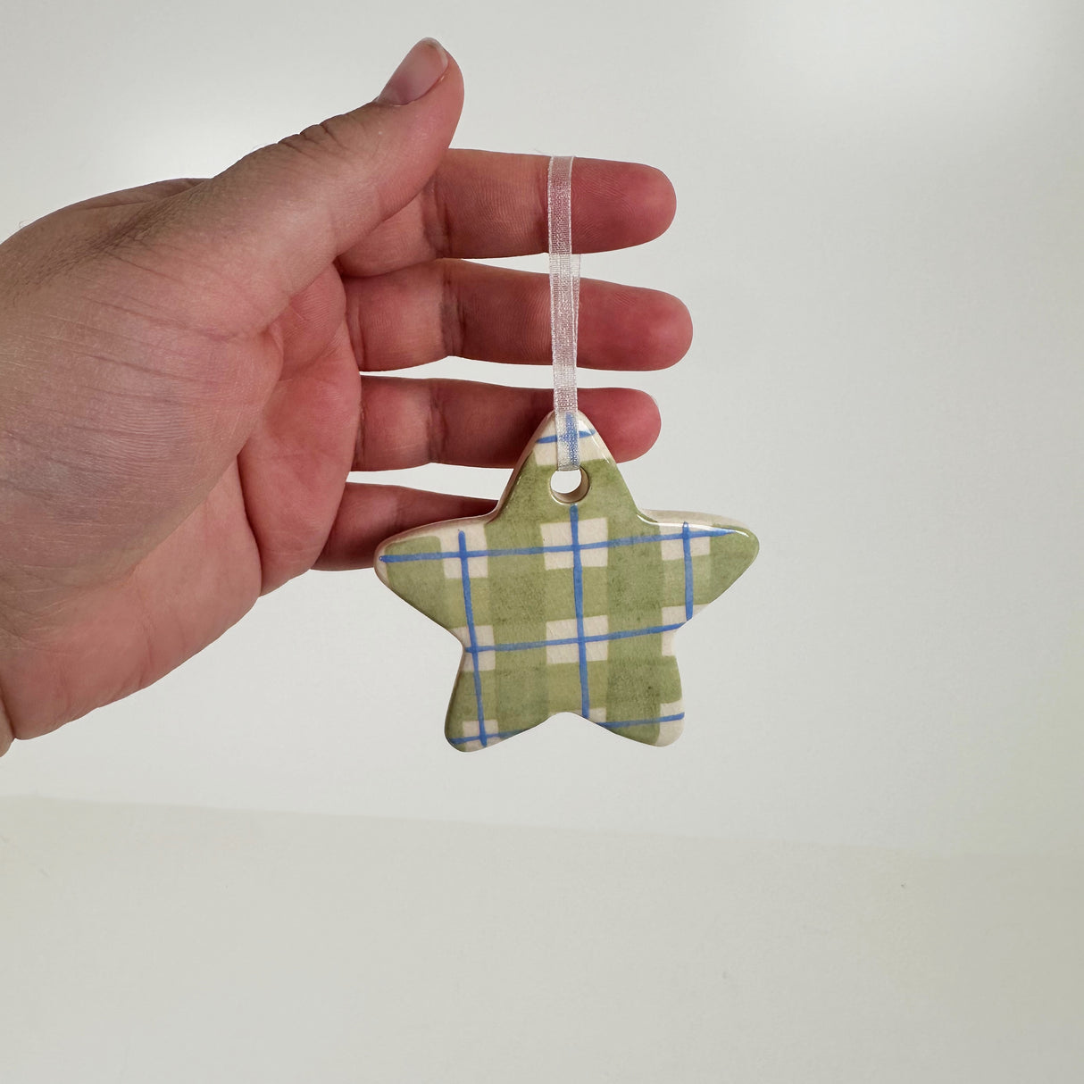 Hand Painted Green Plaid Star Ceramic Ornament | Terra Clay