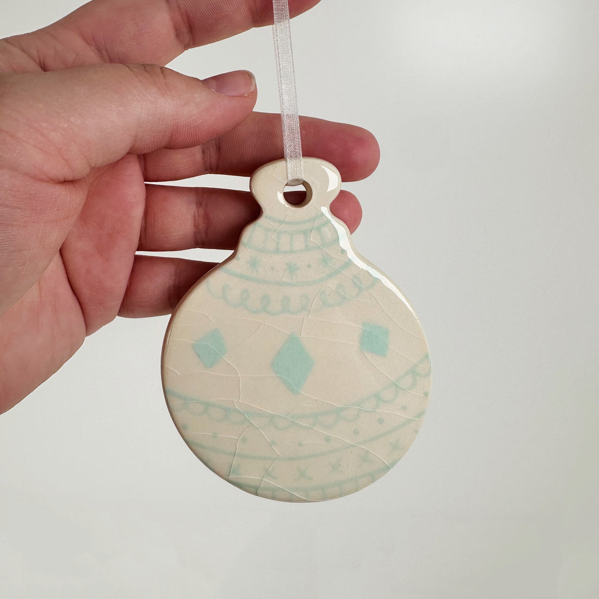 Hand Painted Flat Blue Patterned Bauble Ceramic Ornament | Terra Clay