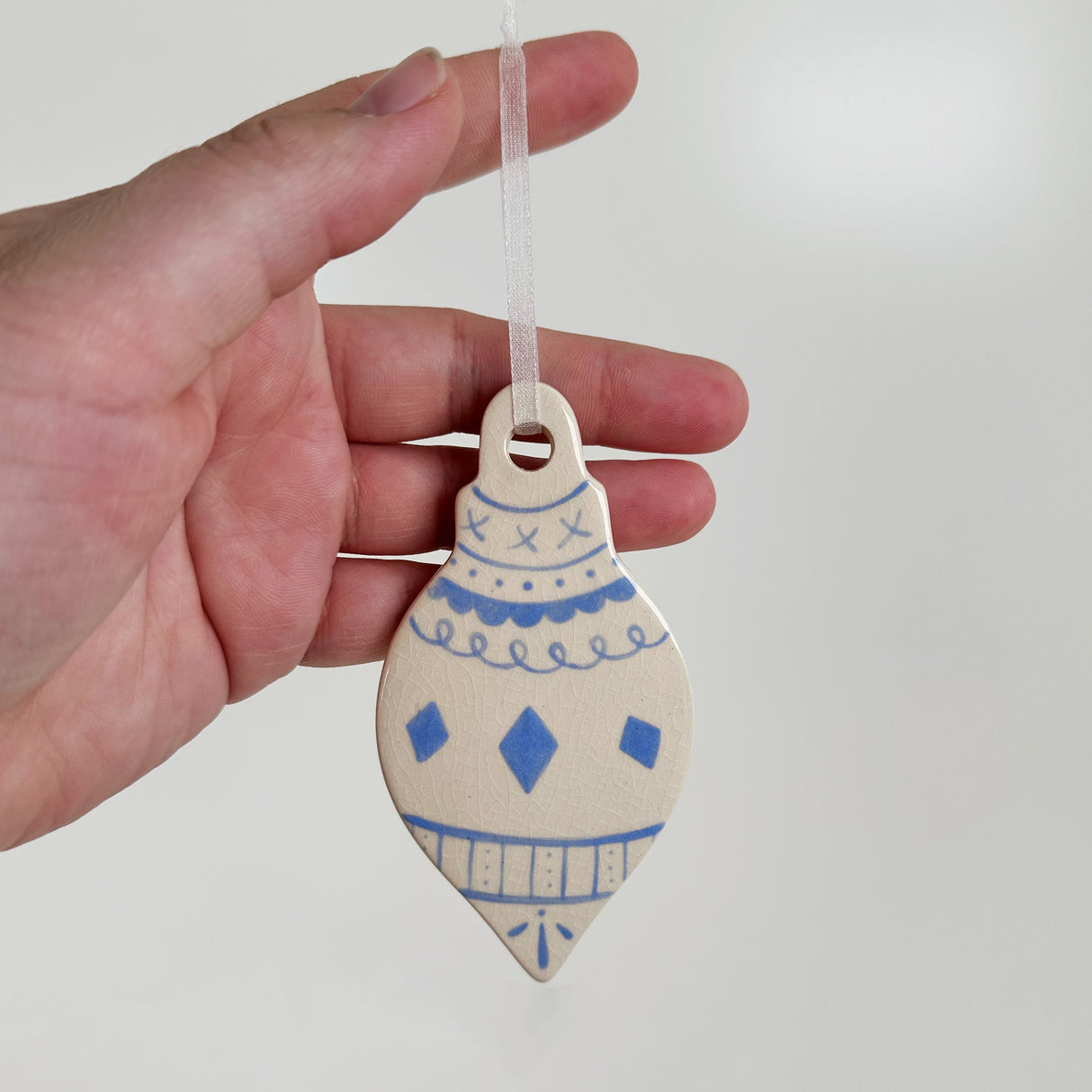 Hand Painted Flat French Blue Patterned Bauble Ceramic Ornament | Terra Clay