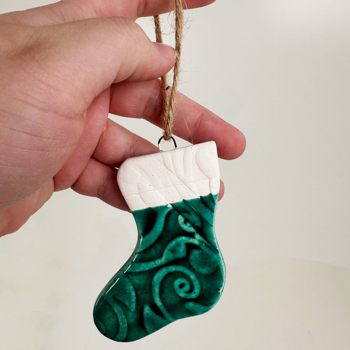 Ceramic Deep Green Stocking Ornament- A | Once & Future Things