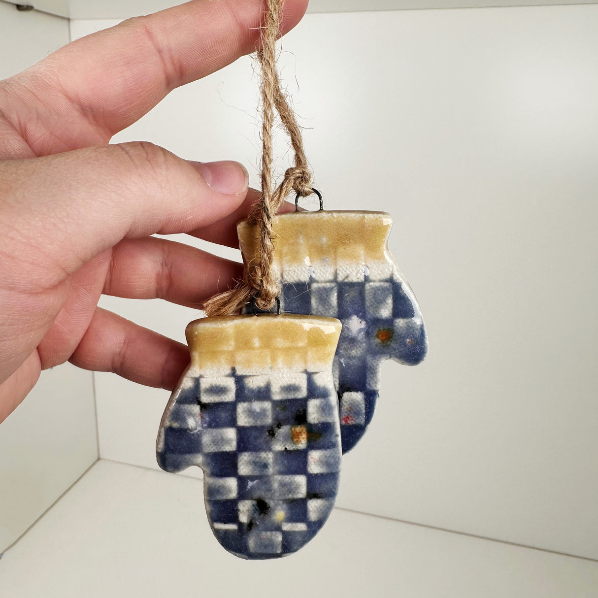 Ceramic Blue & Gold Mitten Pair Ornament | Once & Future Things