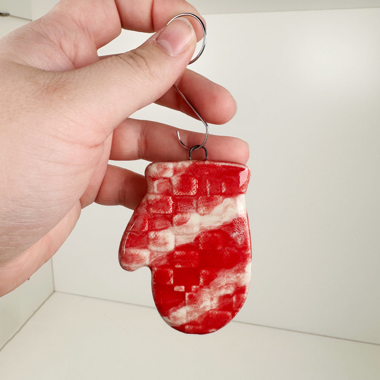 Ceramic Red & White Striped Mitten Ornament | Once & Future Things