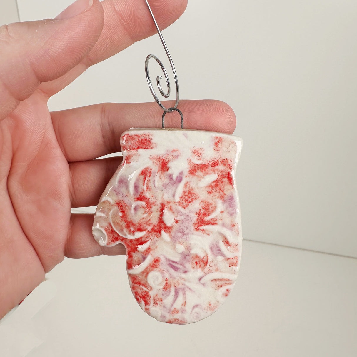 Ceramic Swirling Red & White Striped Mitten Ornament | Once & Future Things