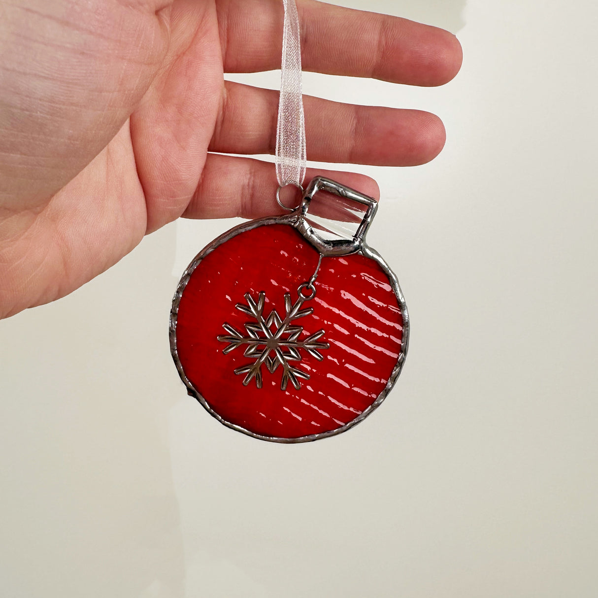 Red Stained Glass Bauble Ornament with Snowflake Charm | Art Glass by Anne