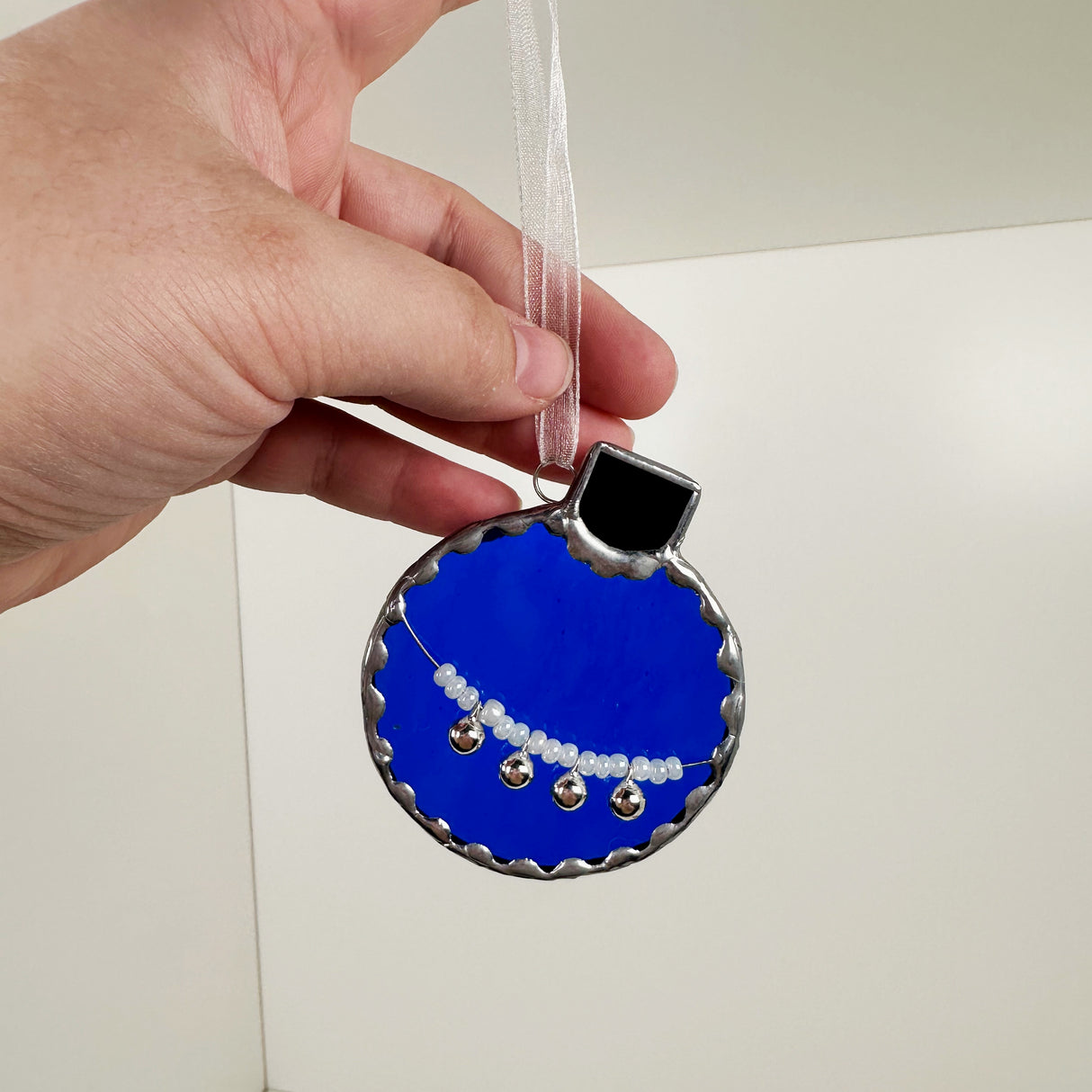Cobalt Blue Stained Glass Bauble Ornament with Bead Charms | Art Glass by Anne