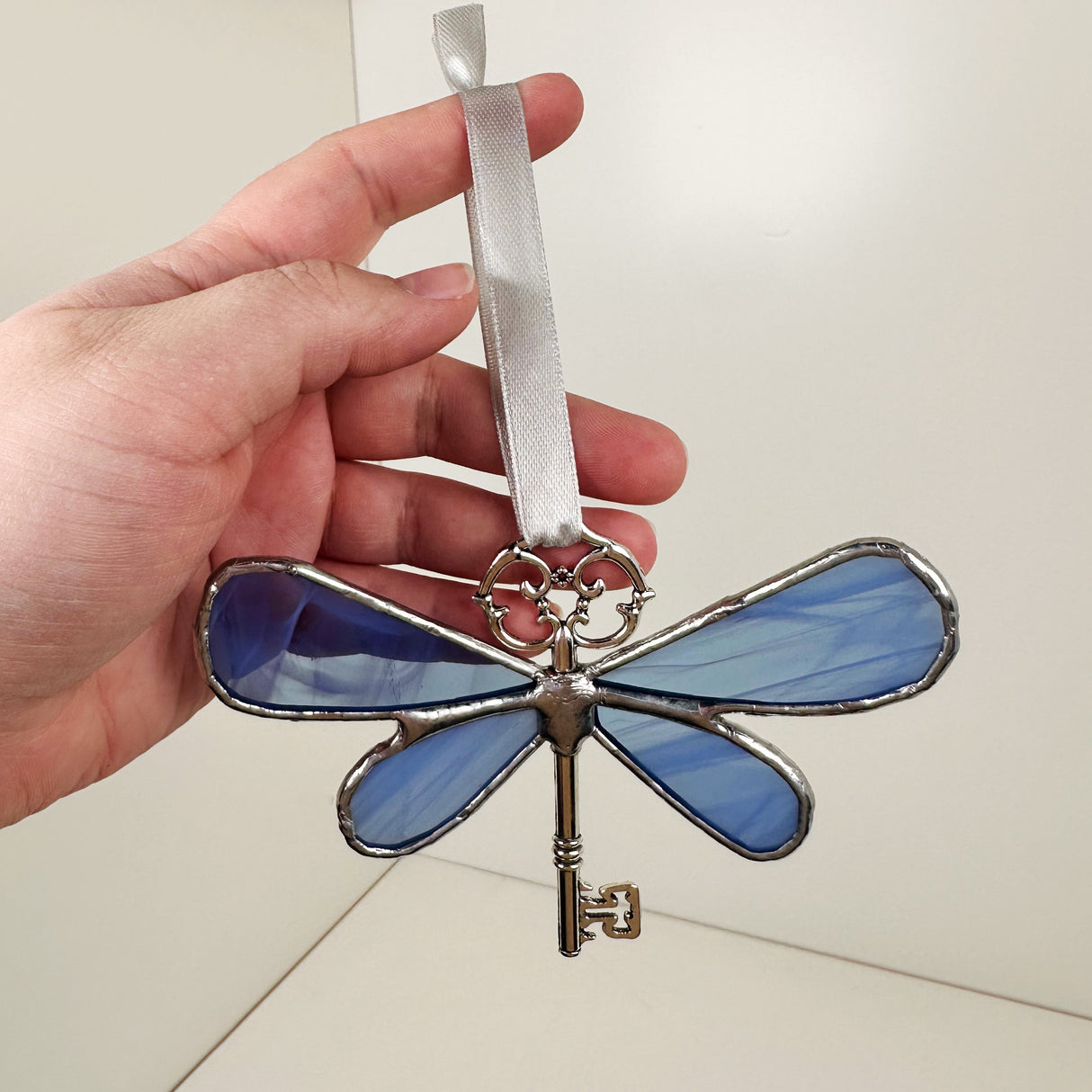 Blue Skeleton Key Stained Glass Ornament | Art Glass by Anne