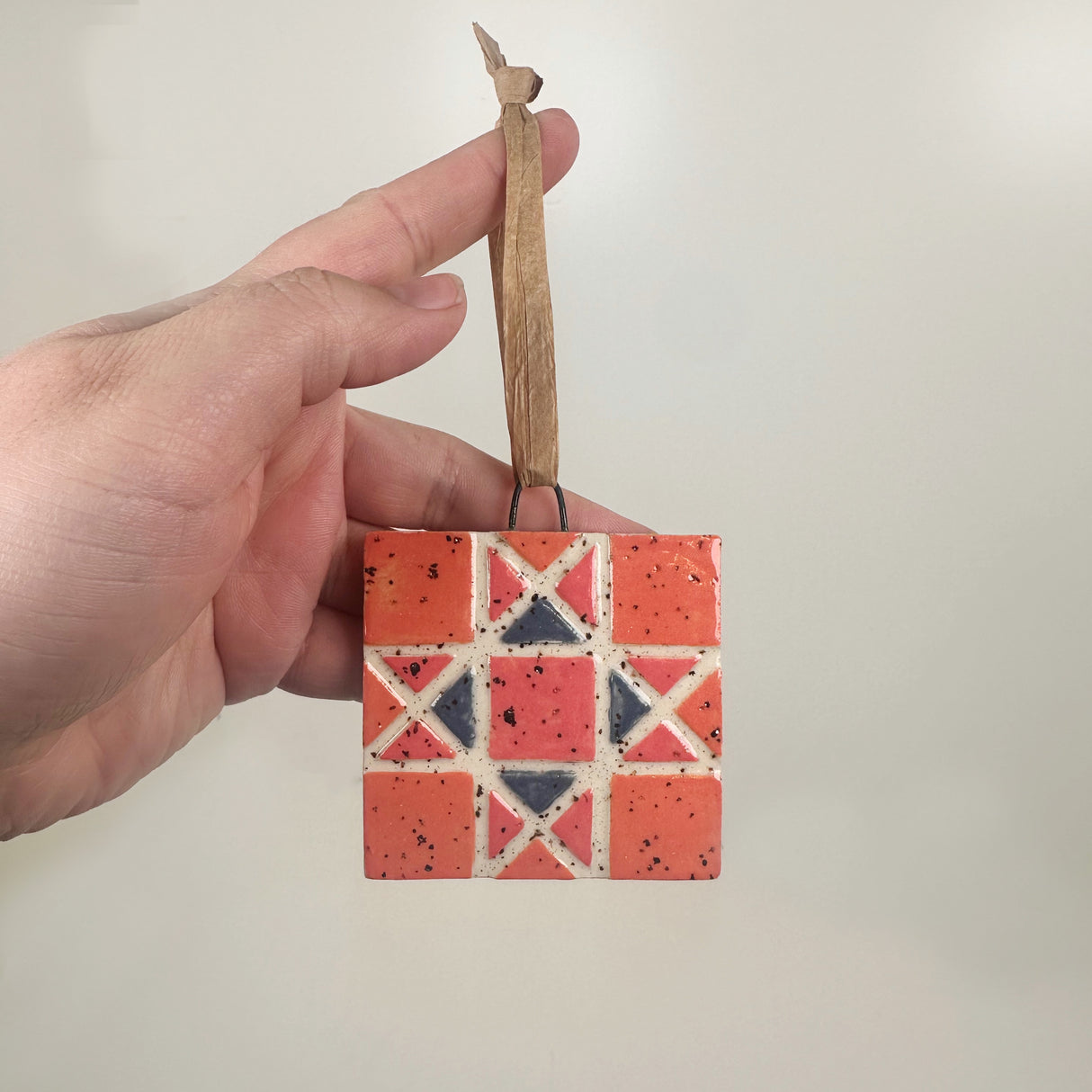Peachy Orange & Blue Ceramic Quilt Ornament | Perrier Pottery