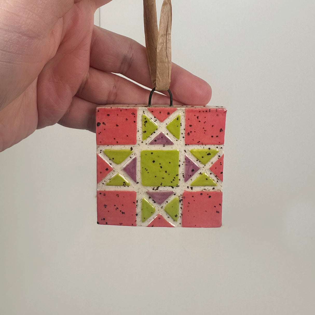 Pink, Lime Green, & Purple Ceramic Quilt Ornament | Perrier Pottery