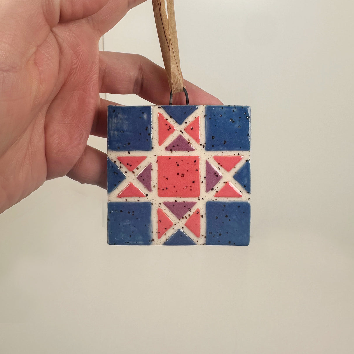Blue, Pink, & Prurple Ceramic Quilt Ornament | Perrier Pottery