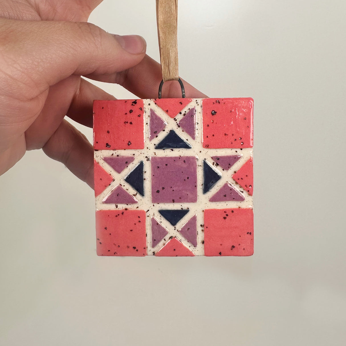 Pink, Purple, & Navy Ceramic Quilt Ornament | Perrier Pottery