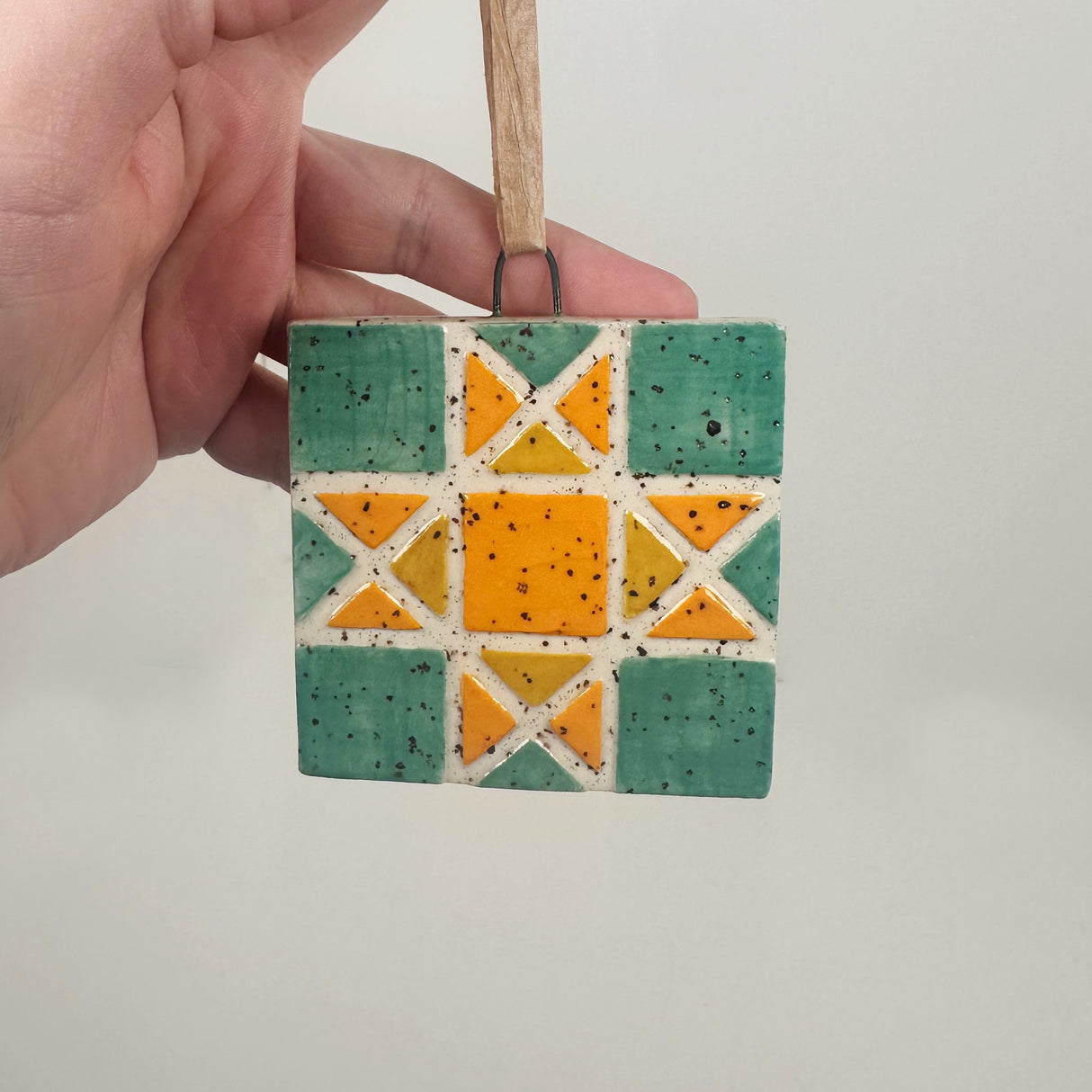 Teal & Yellow Ceramic Quilt Ornament | Perrier Pottery