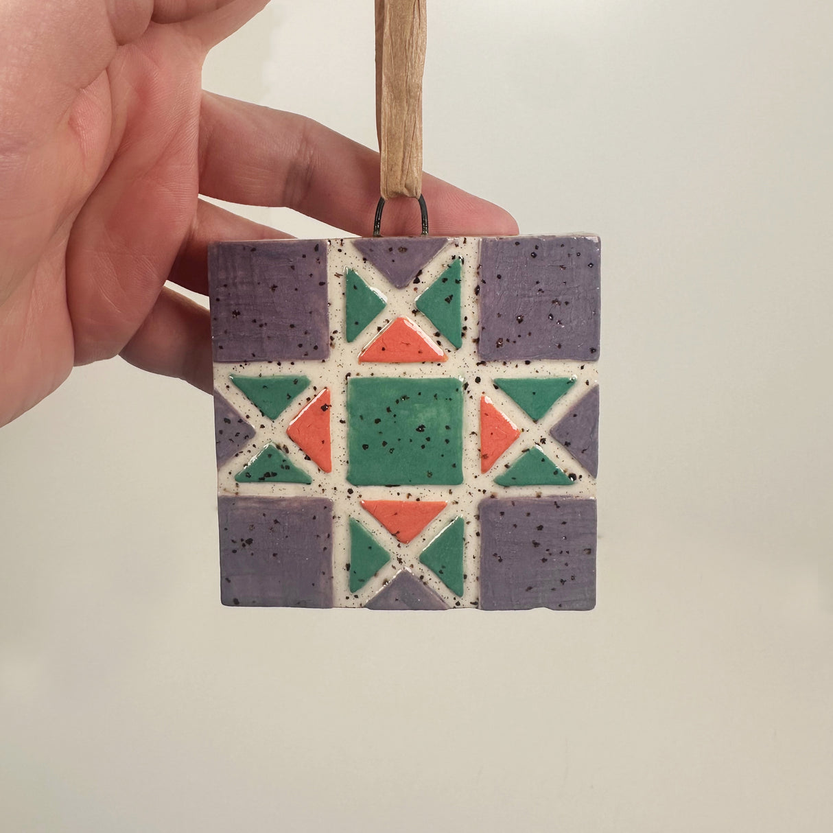 Purple, Teal, & Pink Ceramic Quilt Ornament | Perrier Pottery