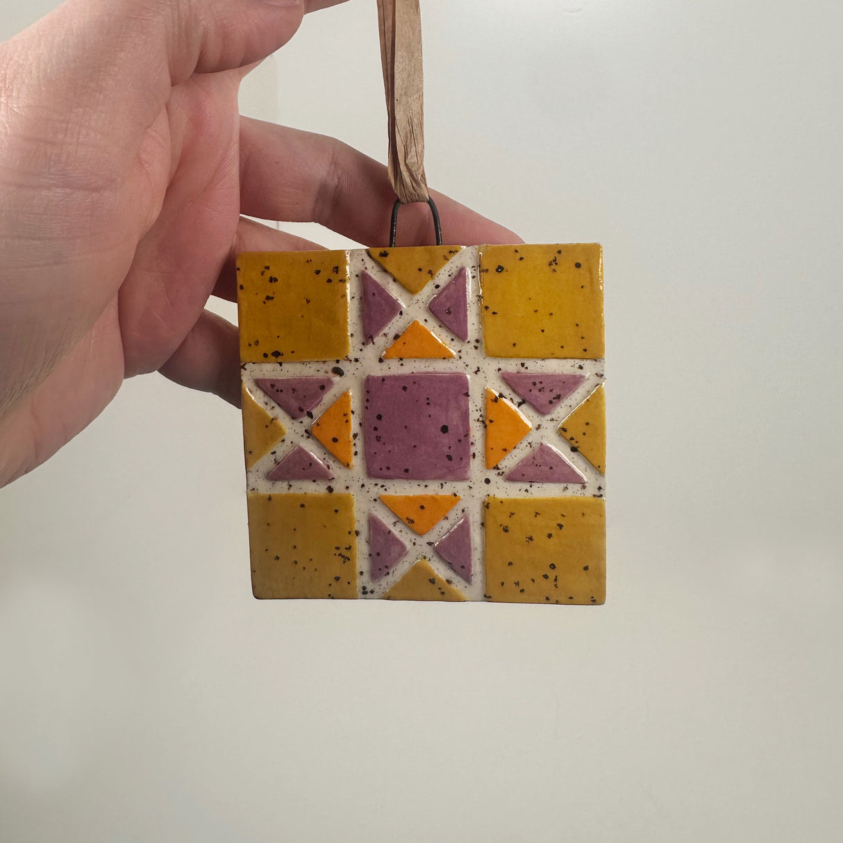 Gold, Purple, & Orange Ceramic Quilt Ornament | Perrier Pottery