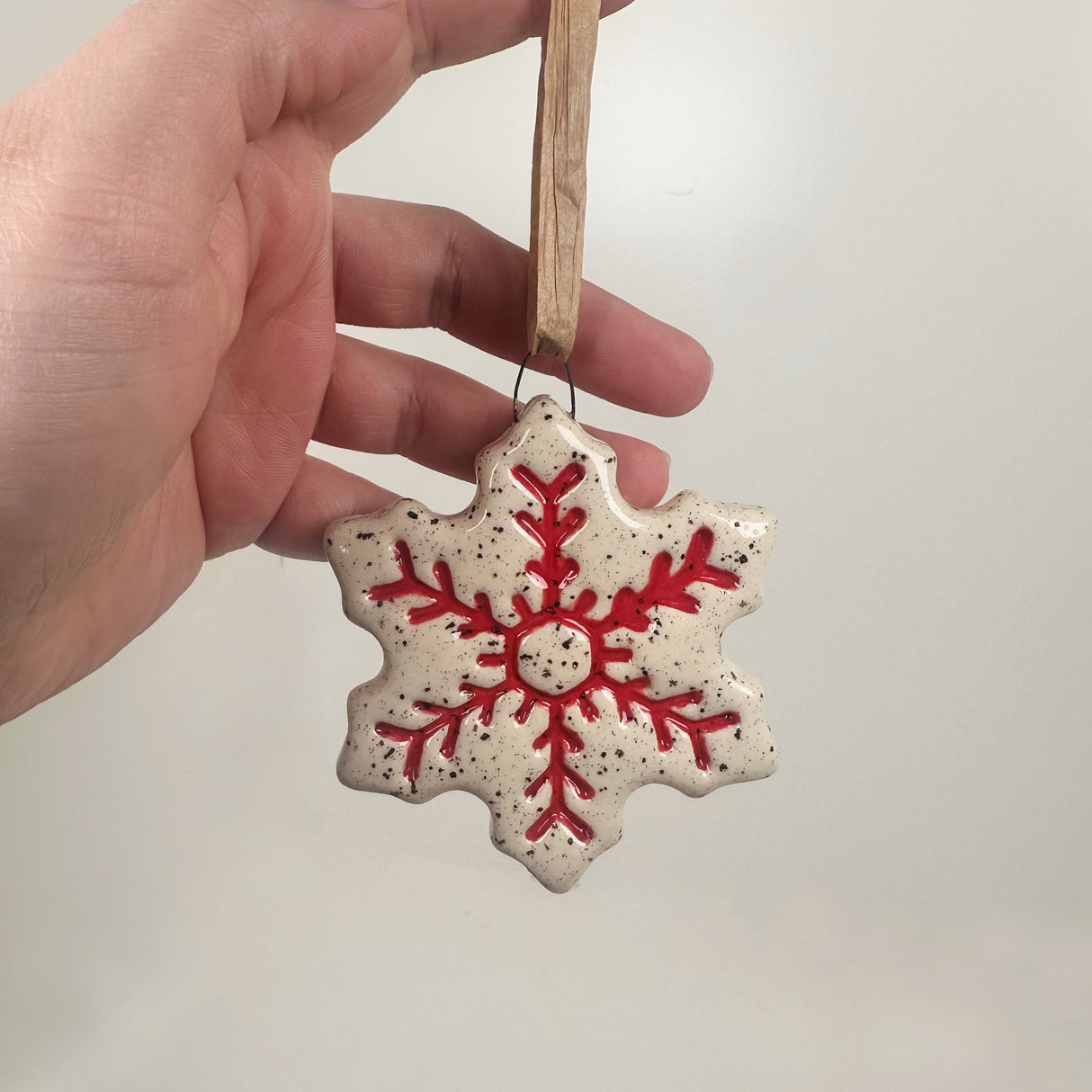 Speckled White & Red Snowflake Ornament- A | Perrier Pottery