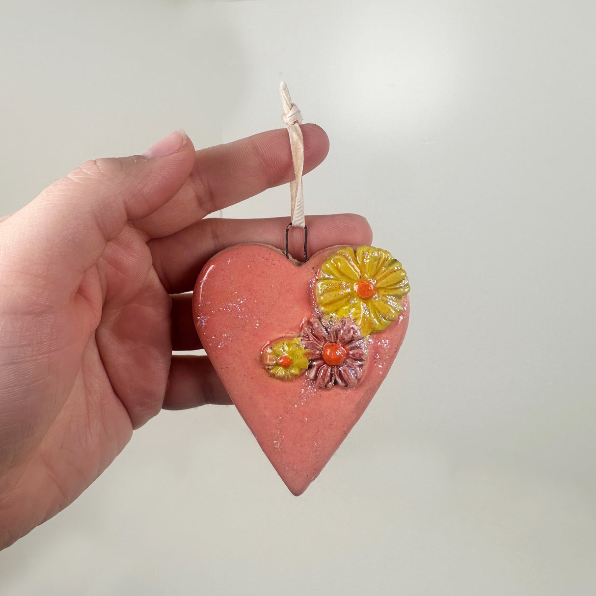 Pink Sparkle Heart Ornament- A | Lazy Clay Lady