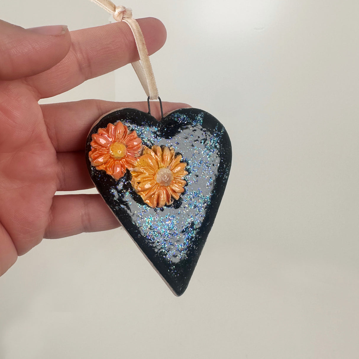 Black Sparkle Heart Ornament- A | Lazy Clay Lady
