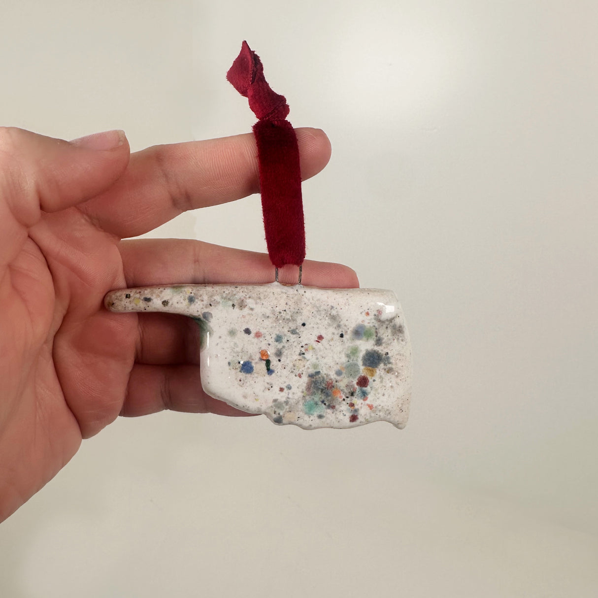 White Speckled Oklahoma Shaped Ornament- A | Lazy Clay Lady