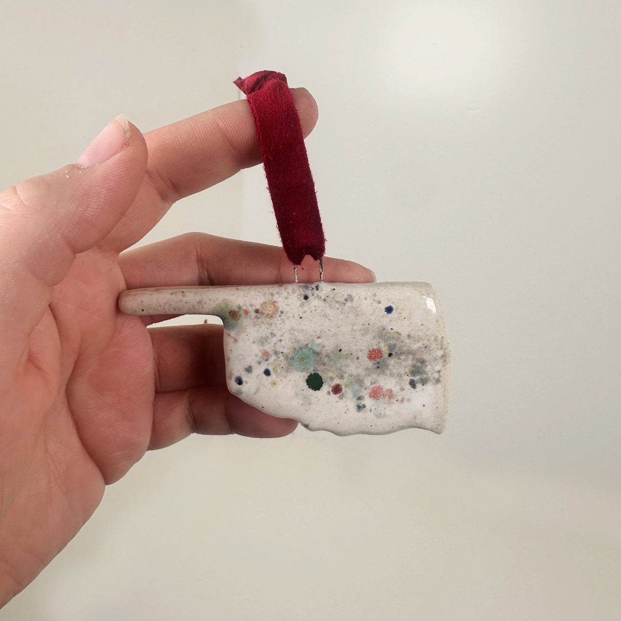 White Speckled Oklahoma Shaped Ornament- B | Lazy Clay Lady