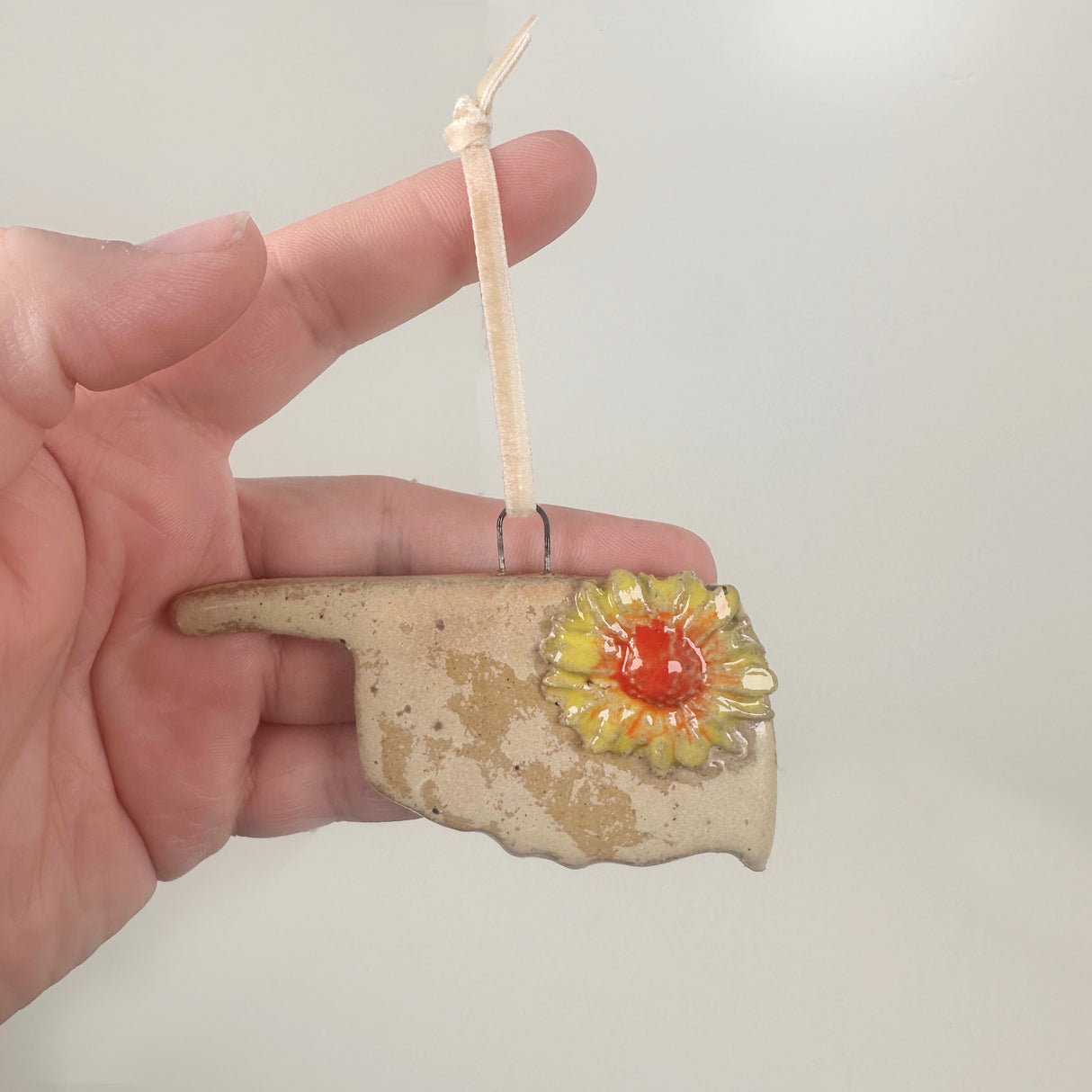 Warm Cream Oklahoma Shaped Ornament with Flower- B | Lazy Clay Lady