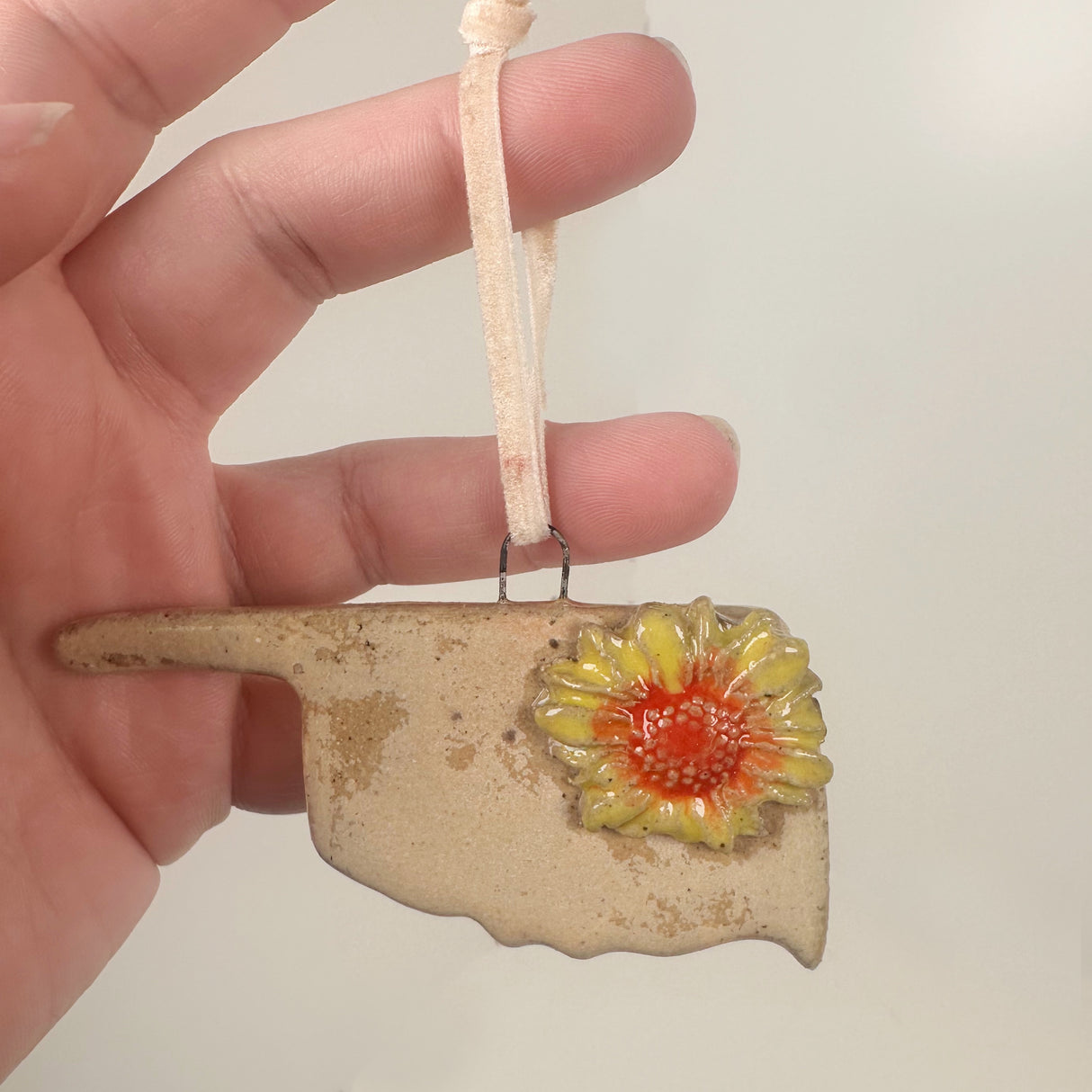 Warm Cream Oklahoma Shaped Ornament with Flower- C | Lazy Clay Lady