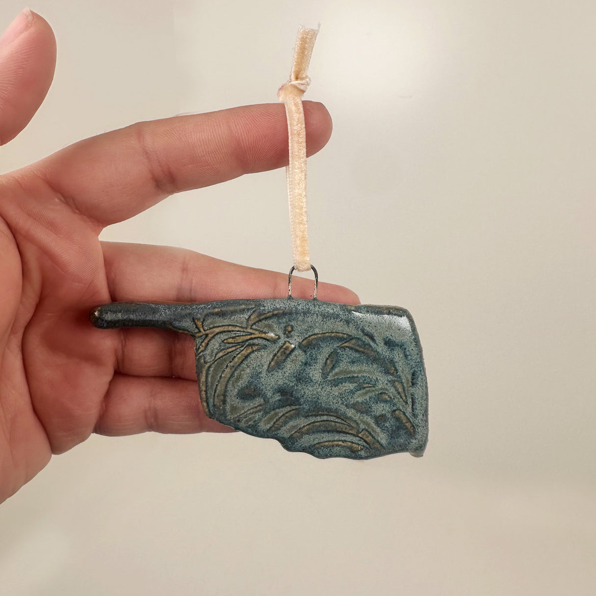 Blue Oklahoma Shaped Ornament with Swirl Imprint- B | Lazy Clay Lady