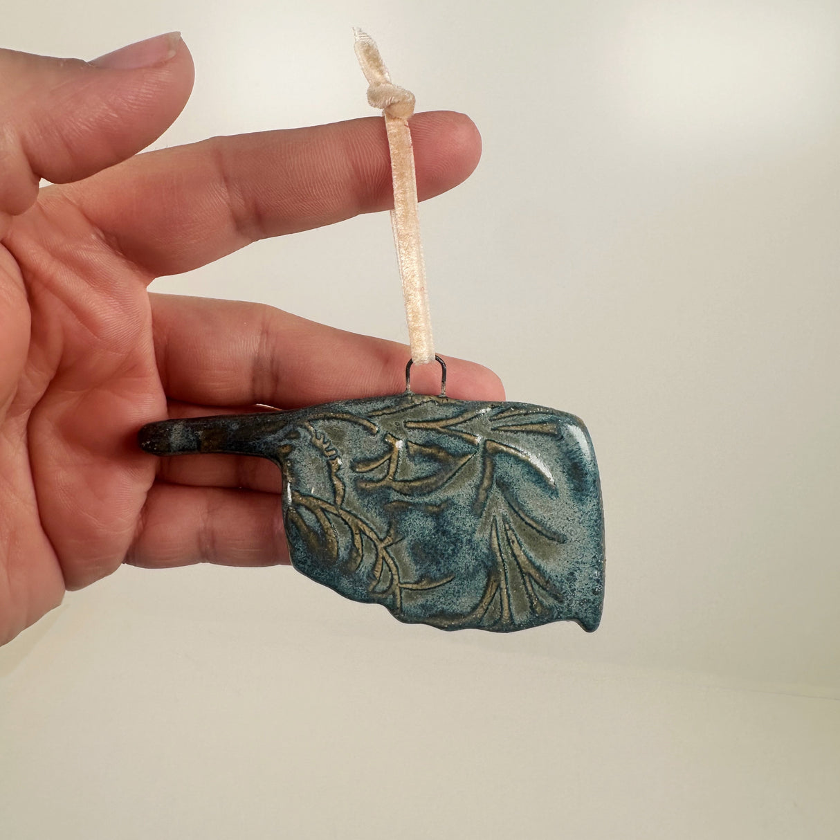 Blue Oklahoma Shaped Ornament with Swirl Imprint- C | Lazy Clay Lady