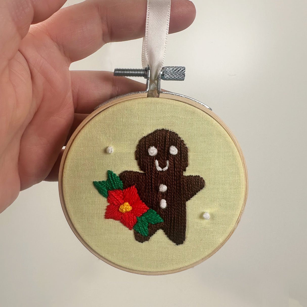 Embroidery Hoop Ornament with Embroidered Gingerbread Man- Green | Dangit Design