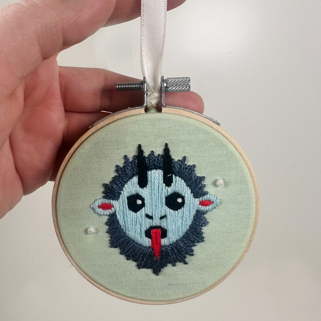 Embroidery Hoop Ornament with Embroidered Krampus- Mint | Dangit Design