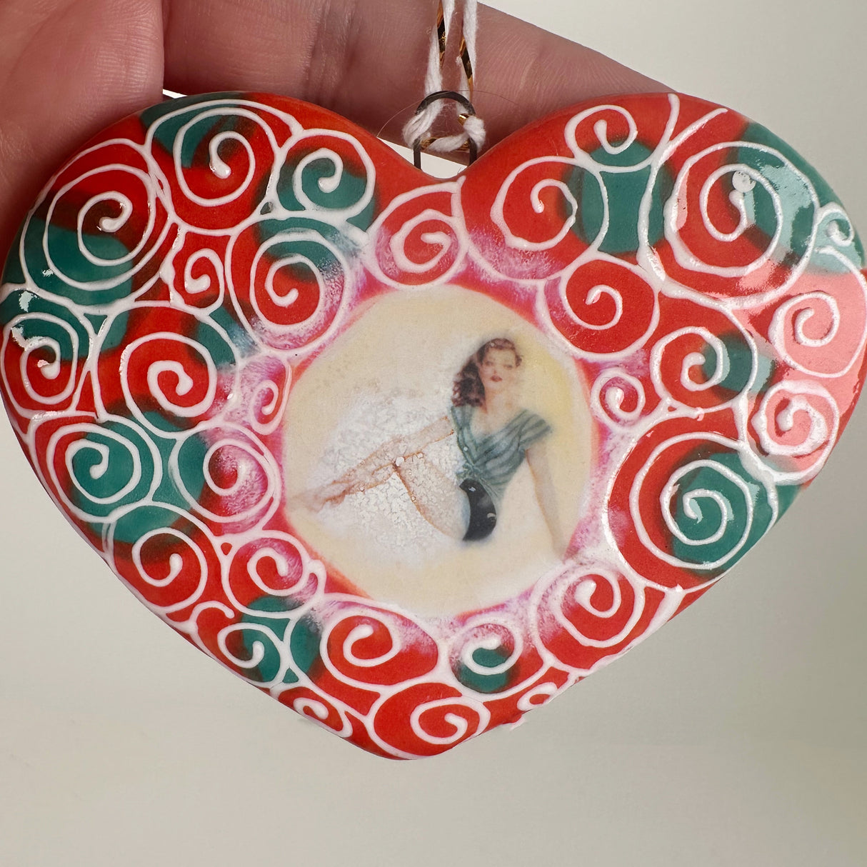 Pin Up Girl Red & Green Heart Ceramic Ornament | Shop Maranda