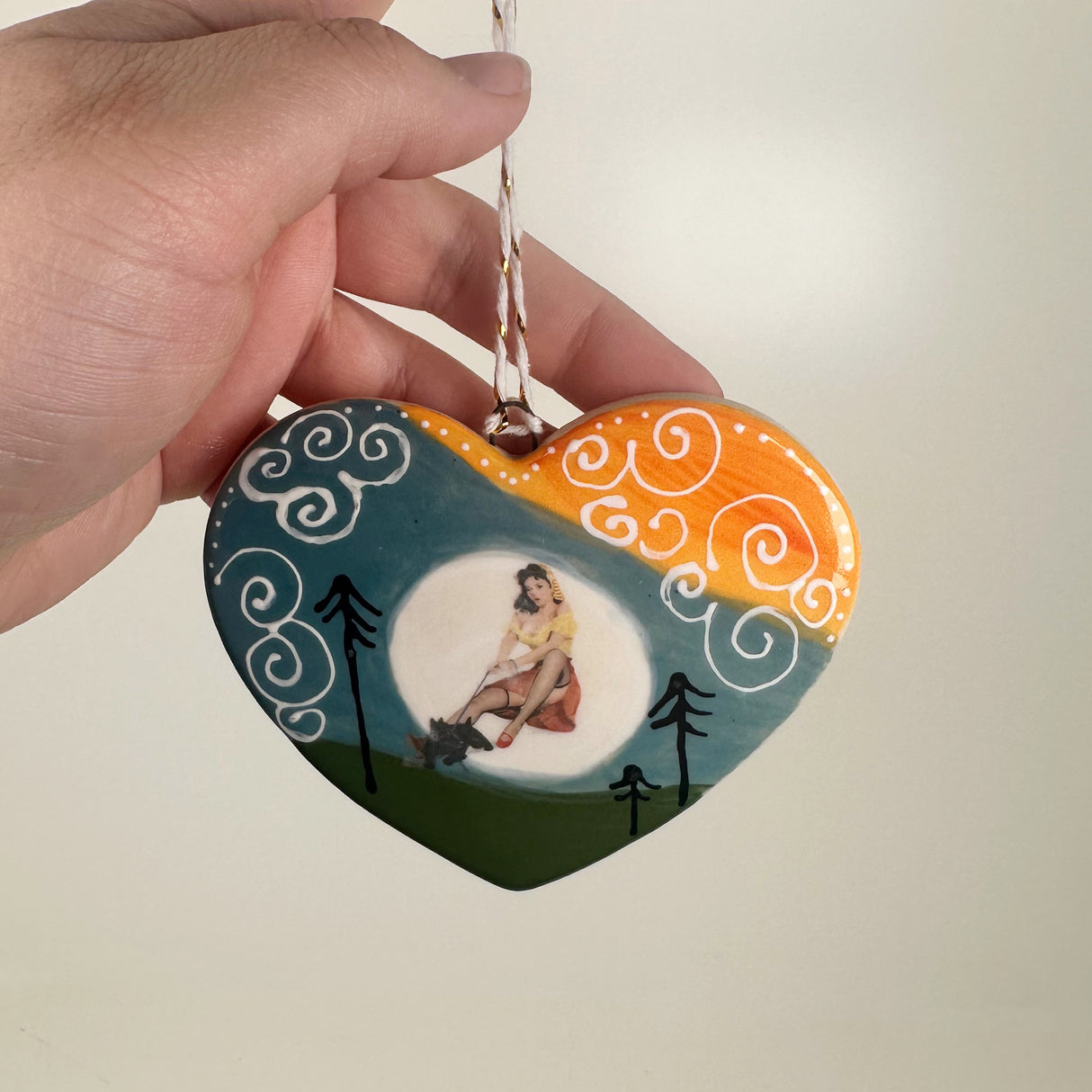 Pin Up Girl Blue & Orange Heart Ceramic Ornament | Shop Maranda