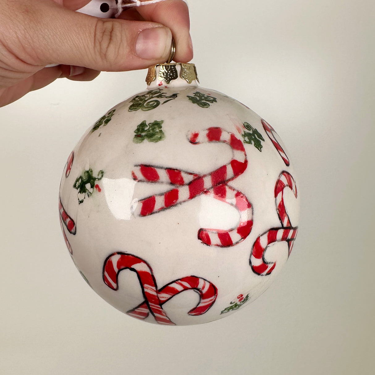Candy Cane & Holly Ceramic Globe Ornament | Sherry Strickland