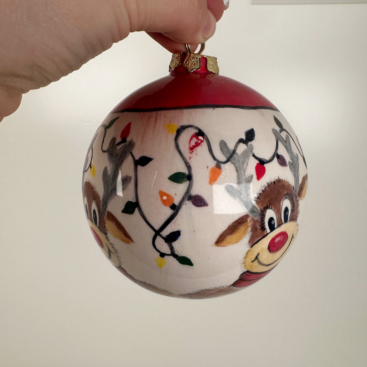 Reindeer & Christmas Lights Ceramic Globe Ornament | Sherry Strickland