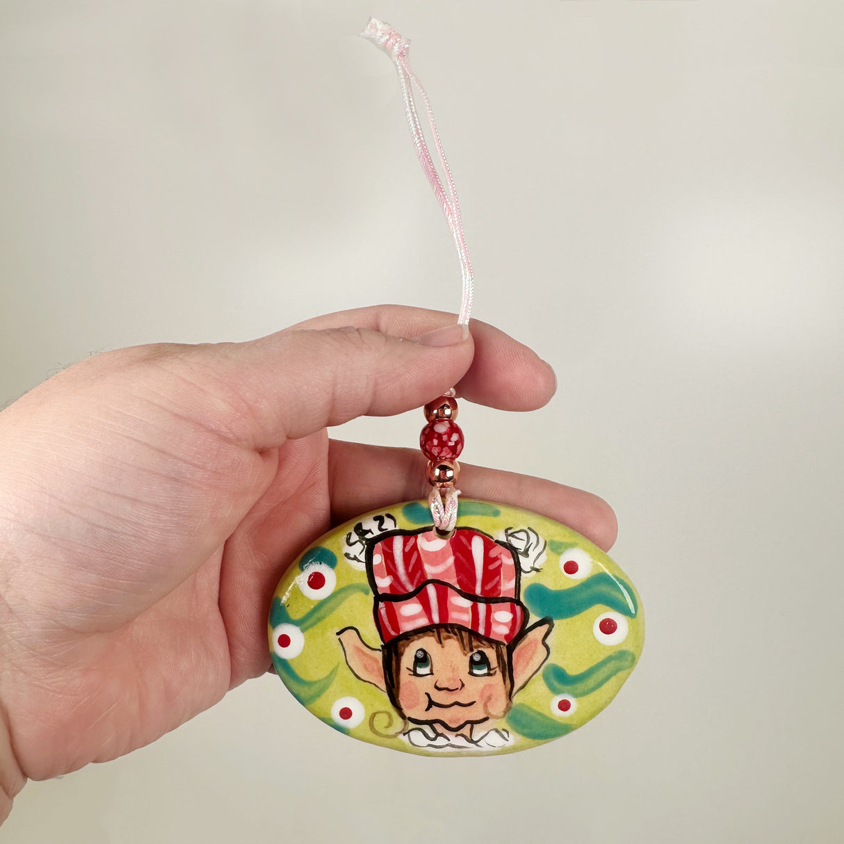 Handpainted Green Oval Elf Ceramic Ornament | Poppy Chick Studio