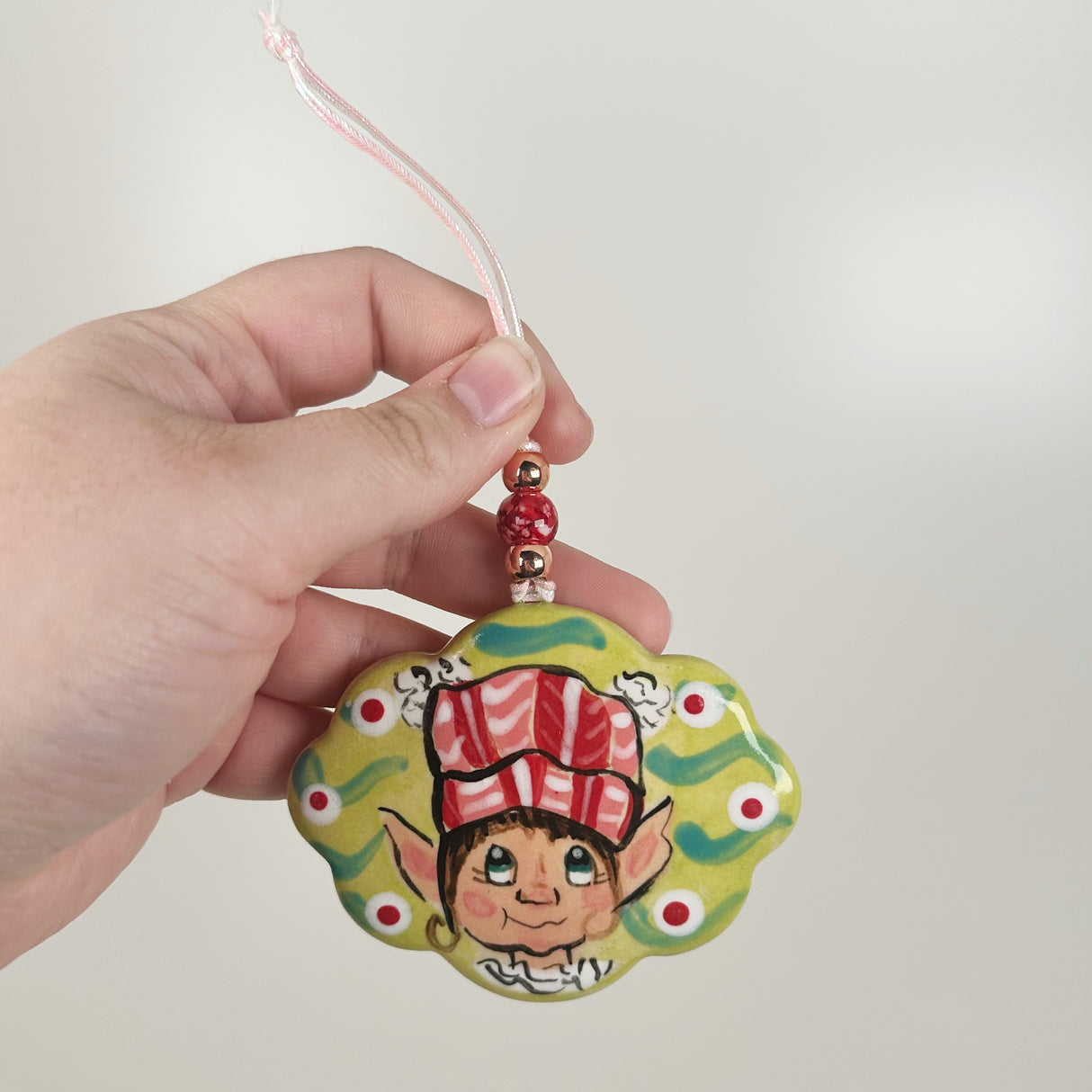 Handpainted Green Scalloped Oval Elf Ceramic Ornament | Poppy Chick Studio