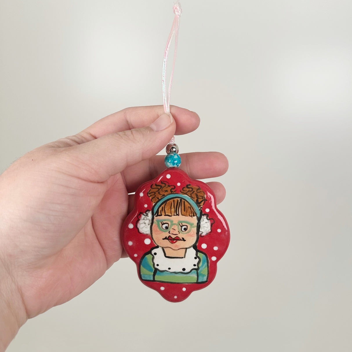 Handpainted Red Earmuff Girl Ceramic Ornament | Poppy Chick Studio