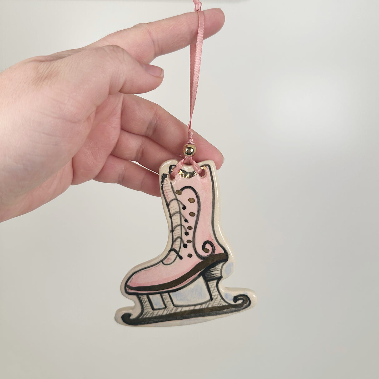 Handpainted Pink Ice Skate Ornament with 22k Gold | Poppy Chick Studio