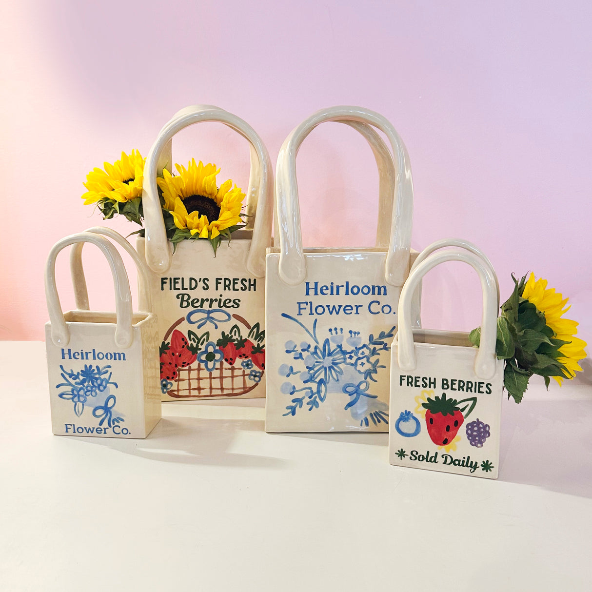 Berry Farm Medium Tote Bag Vase Featuring Handpainted Artwork