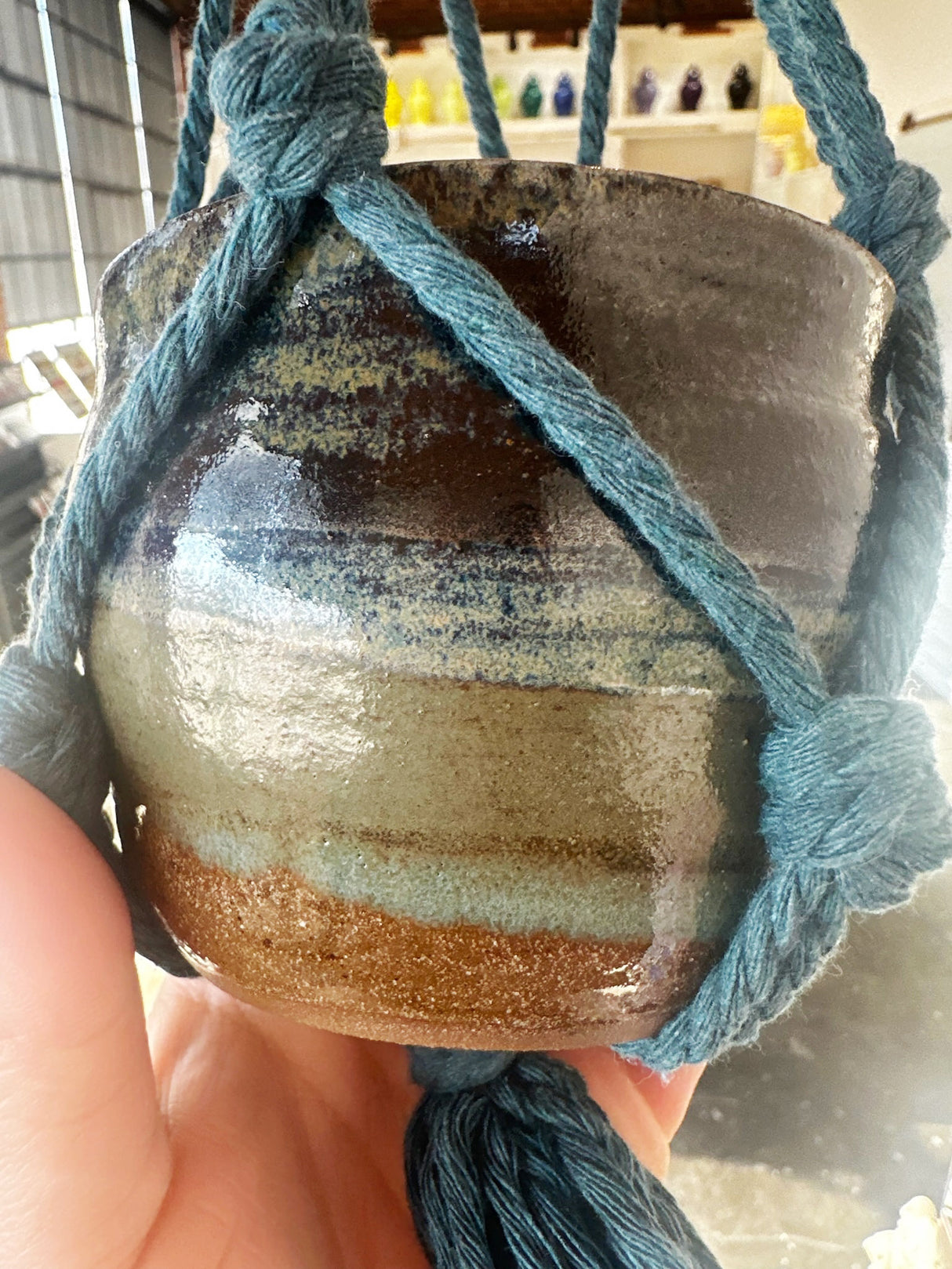 Sandy Brown & Green Hanging Planter