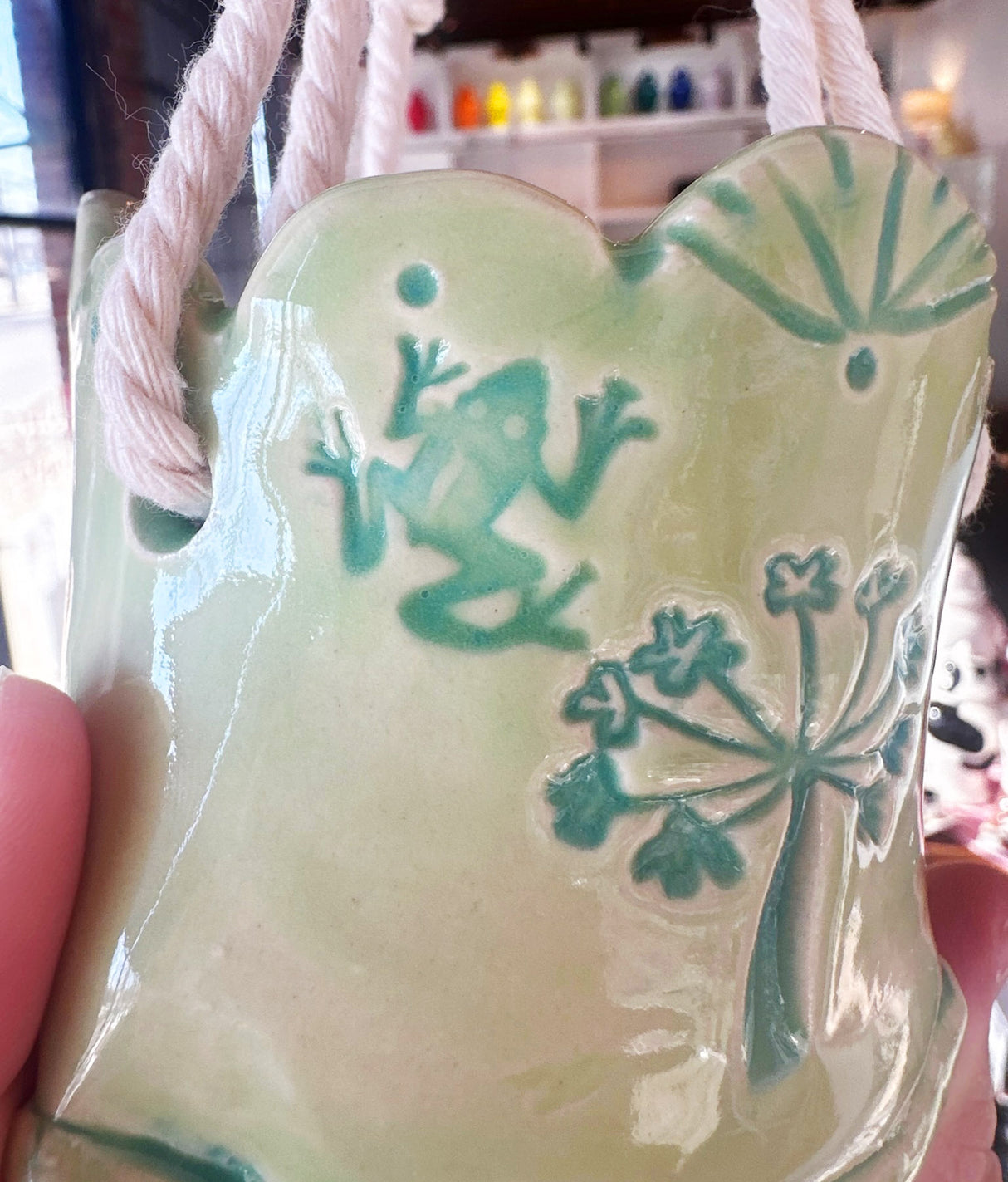 Green Hanging Planter with Stamped Details