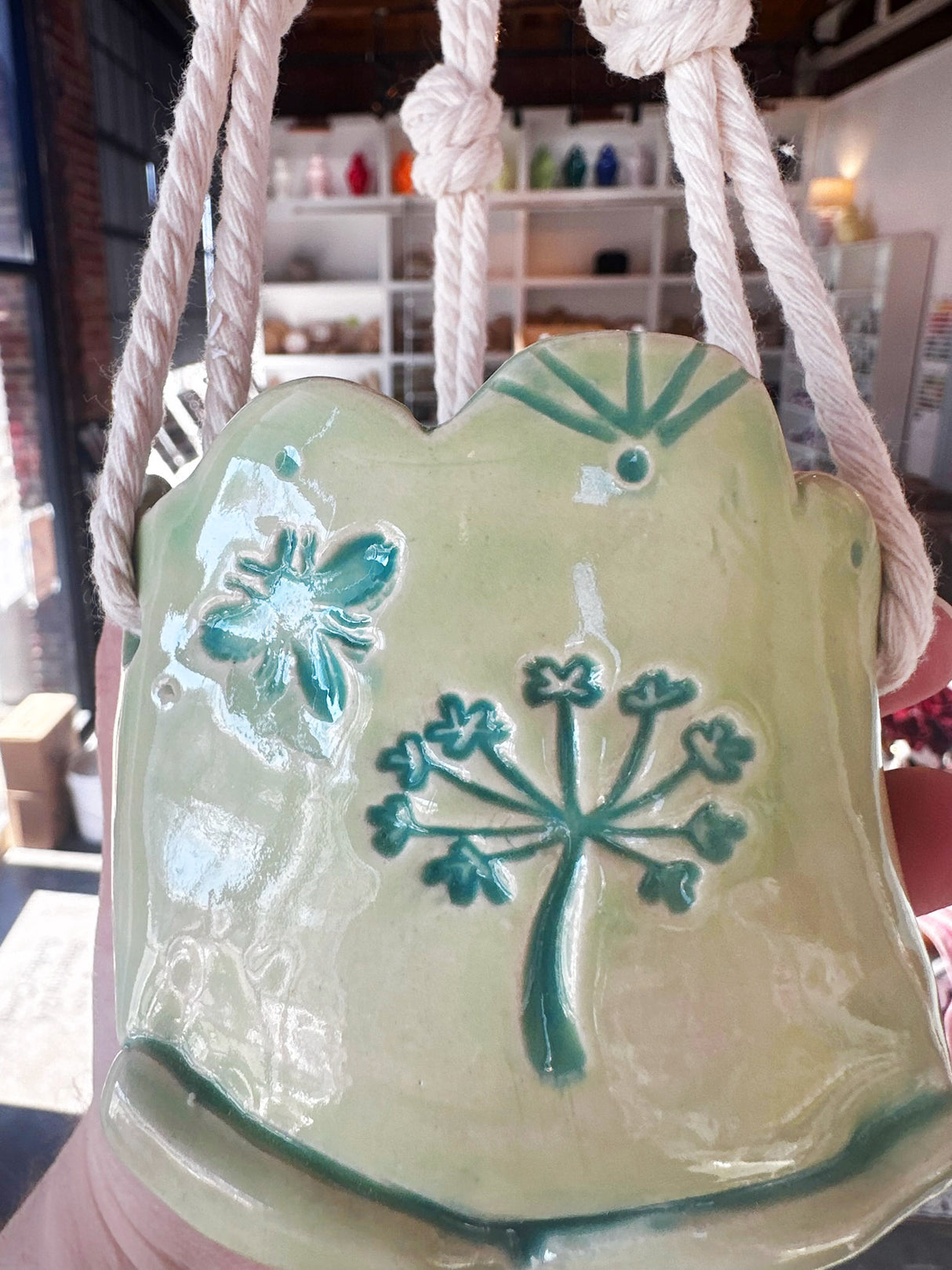Green Hanging Planter with Stamped Details
