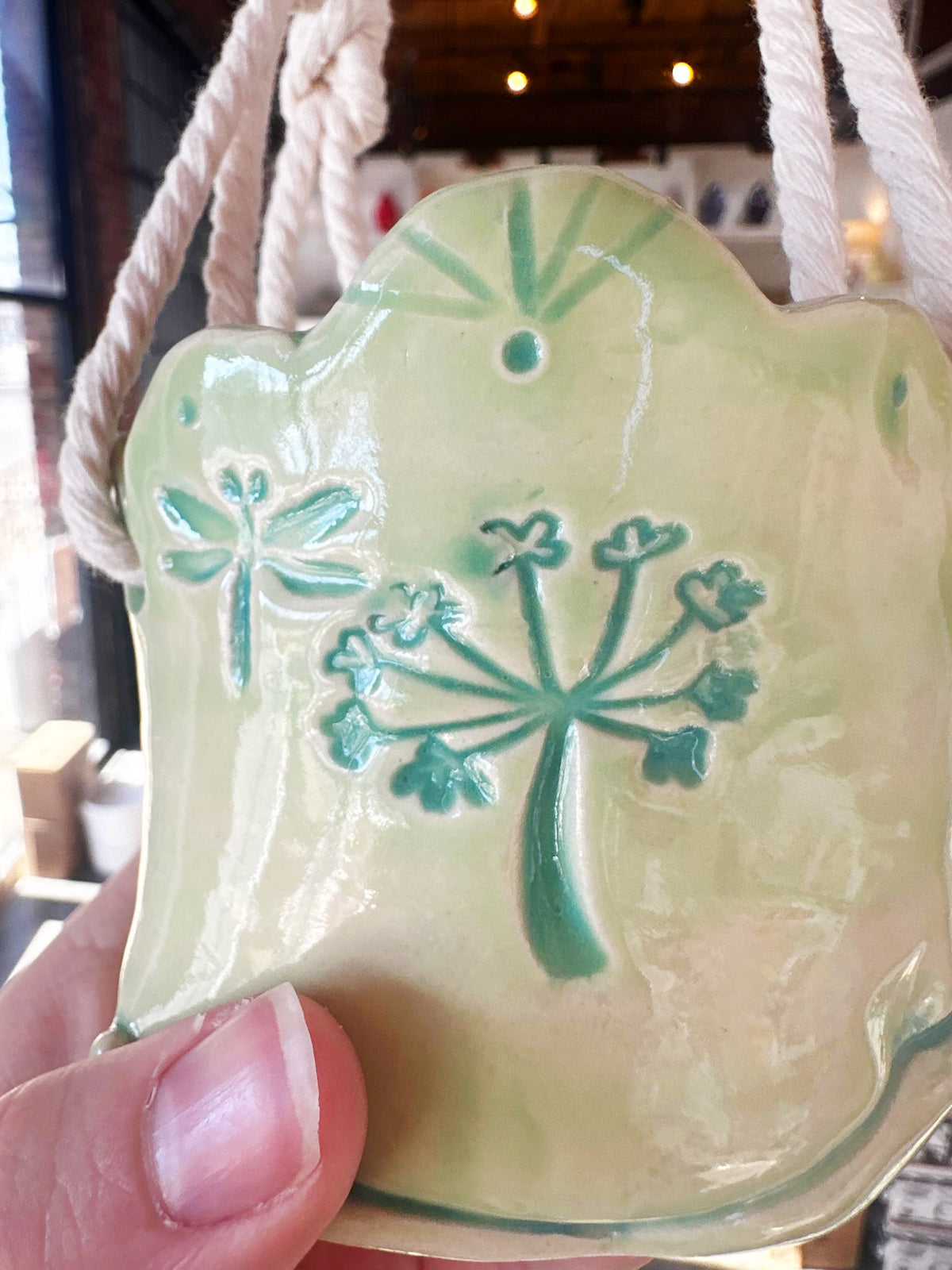 Green Hanging Planter with Stamped Details