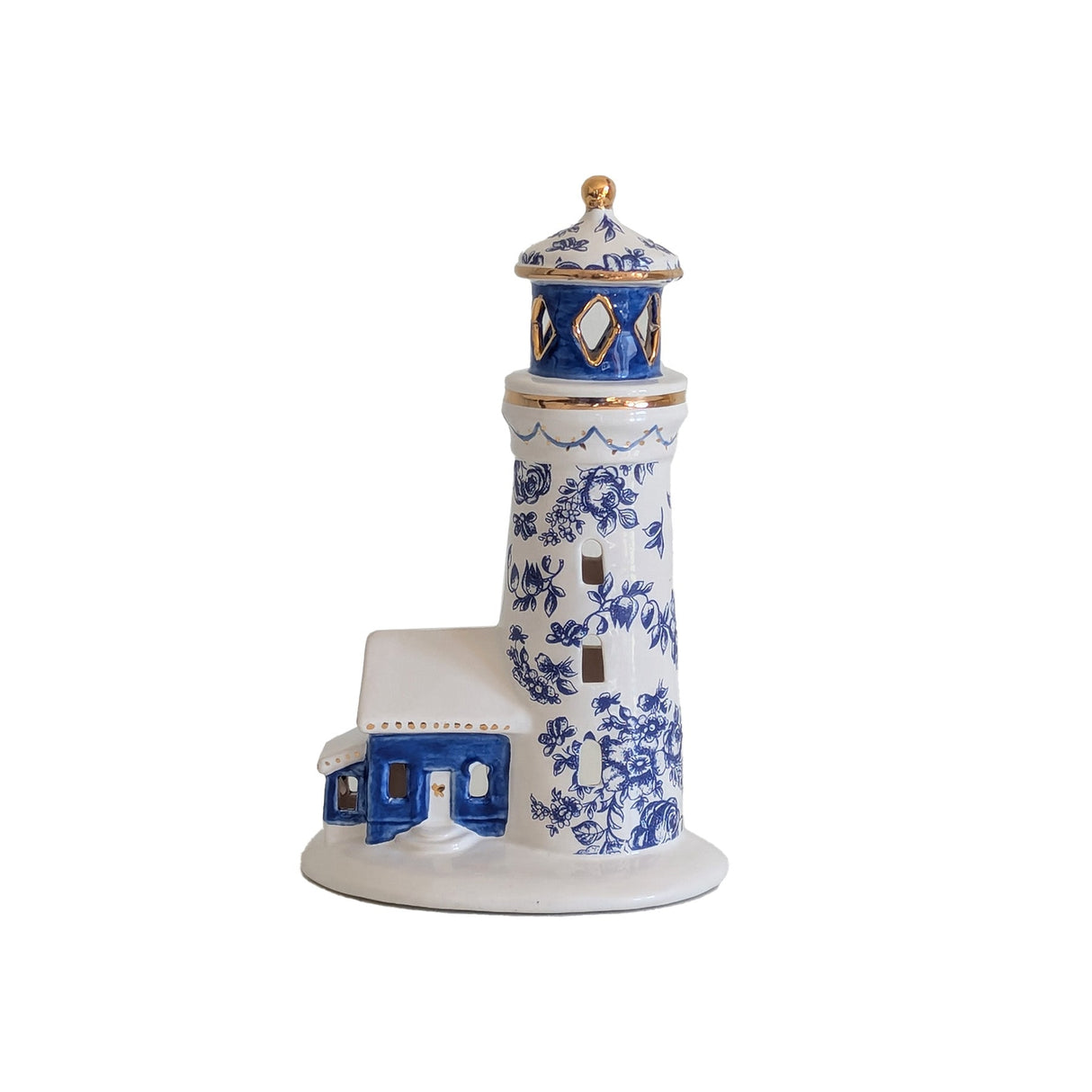 Blue and White Toile Lighthouse with 22K Gold Accents