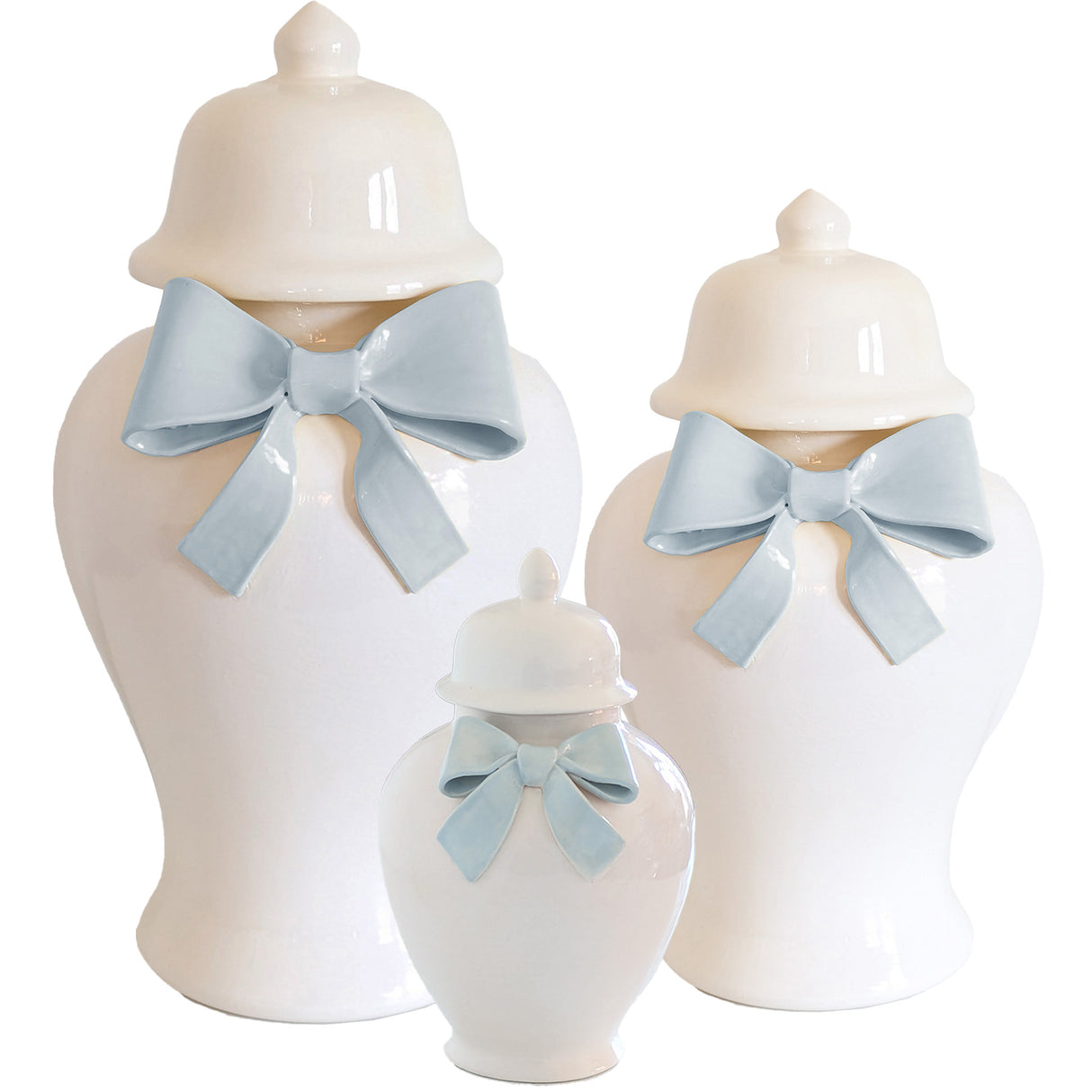Ginger Jars with Sculpted Ceramic Bow in Hydrangea Light Blue