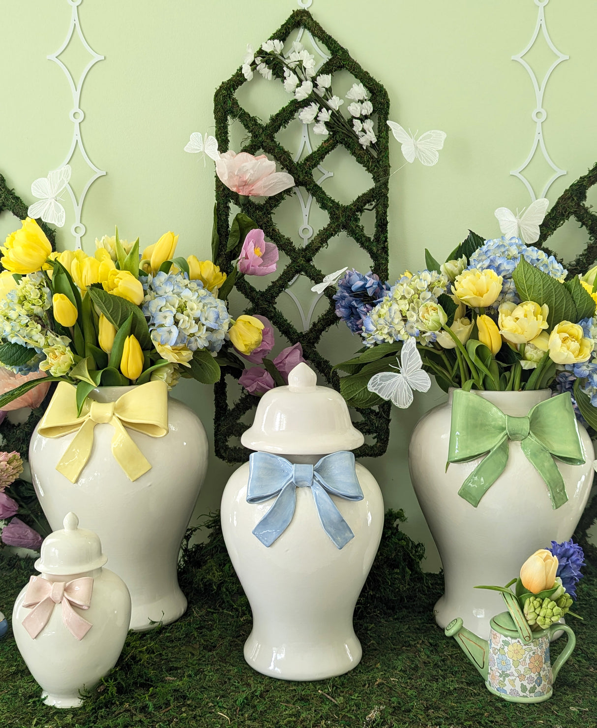 Ginger Jars with Sculpted Ceramic Bow in Serenity Blue