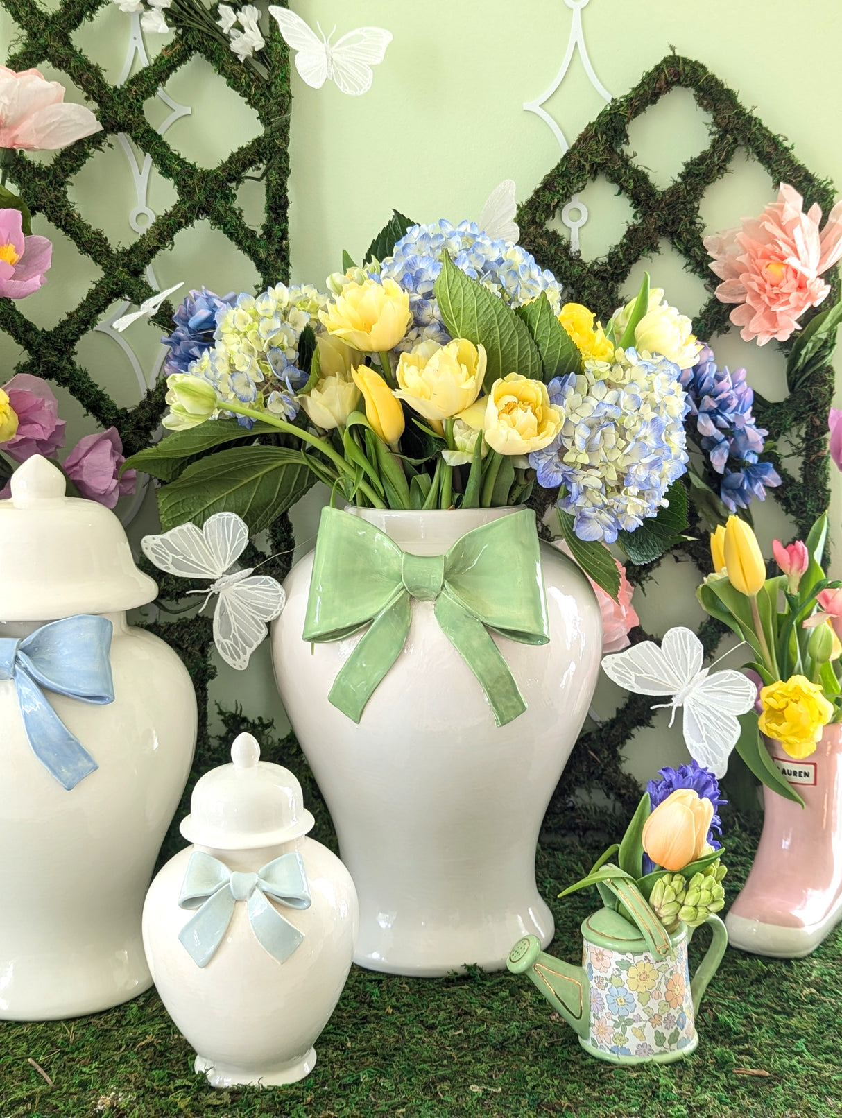 Ginger Jars with Sculpted Ceramic Bow in Serenity Blue