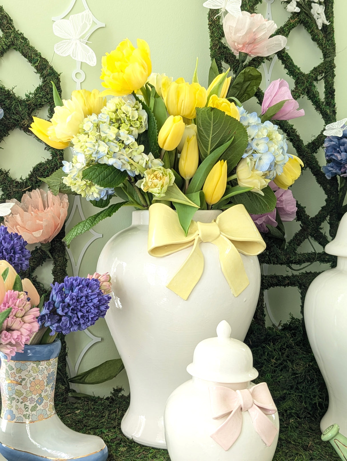 Ginger Jars with Sculpted Ceramic Bow in Lamb's Ear