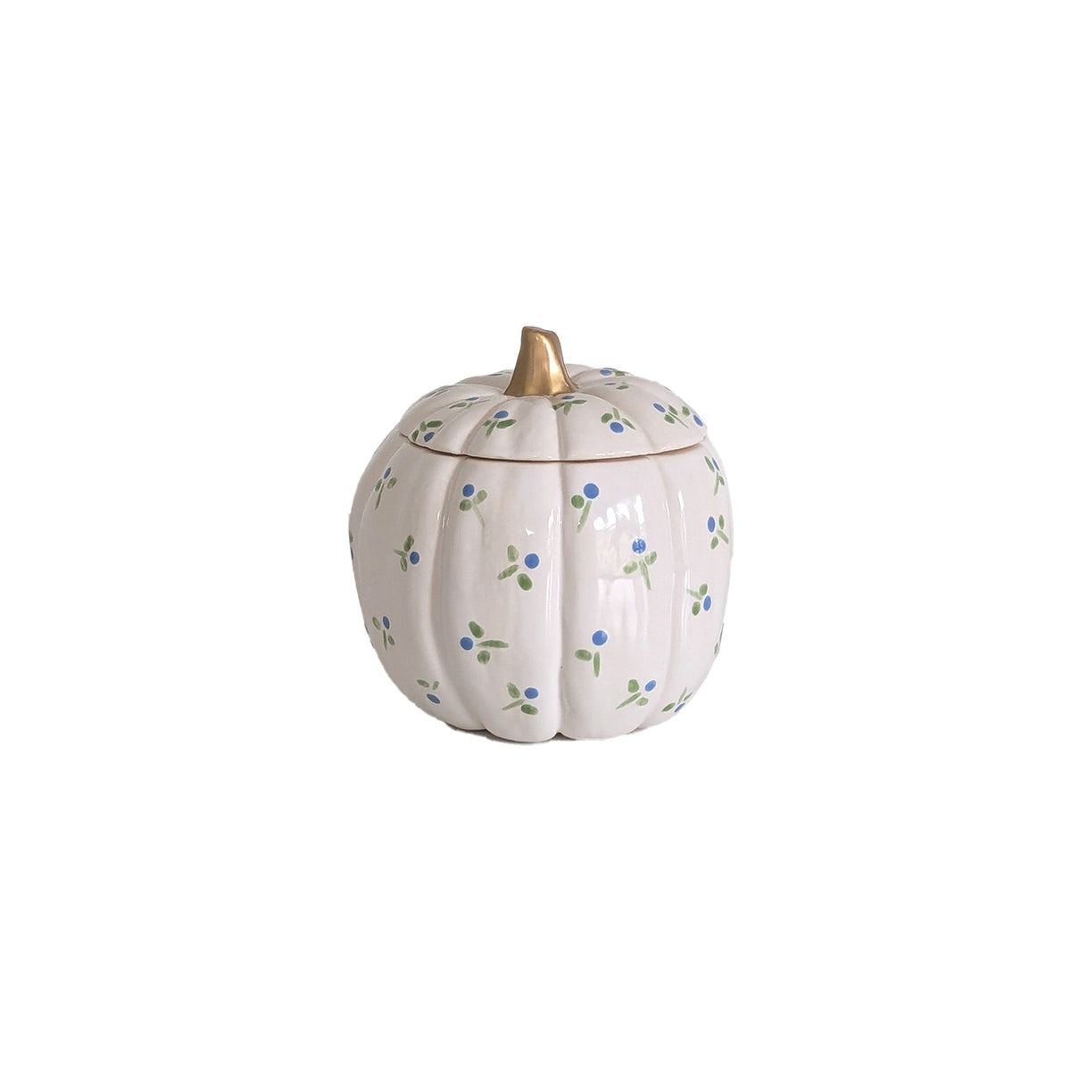 Cottage Floral Pumpkin Jars with 22K Gold Accents in Blue