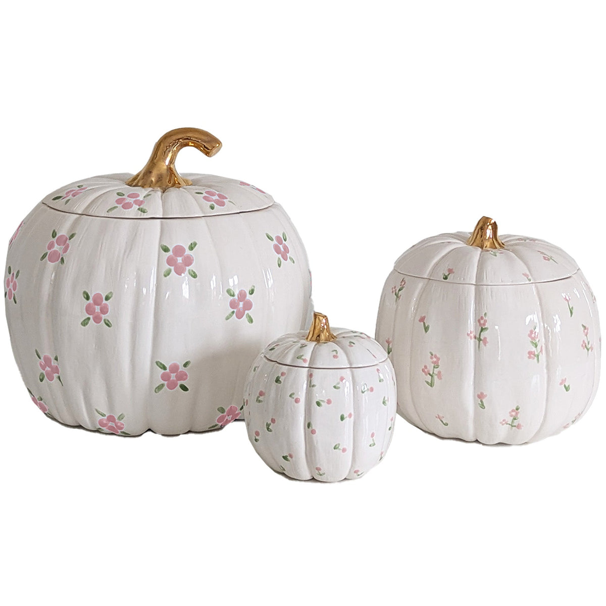 Cottage Floral Pumpkin Jars with 22K Gold Accents in Pink
